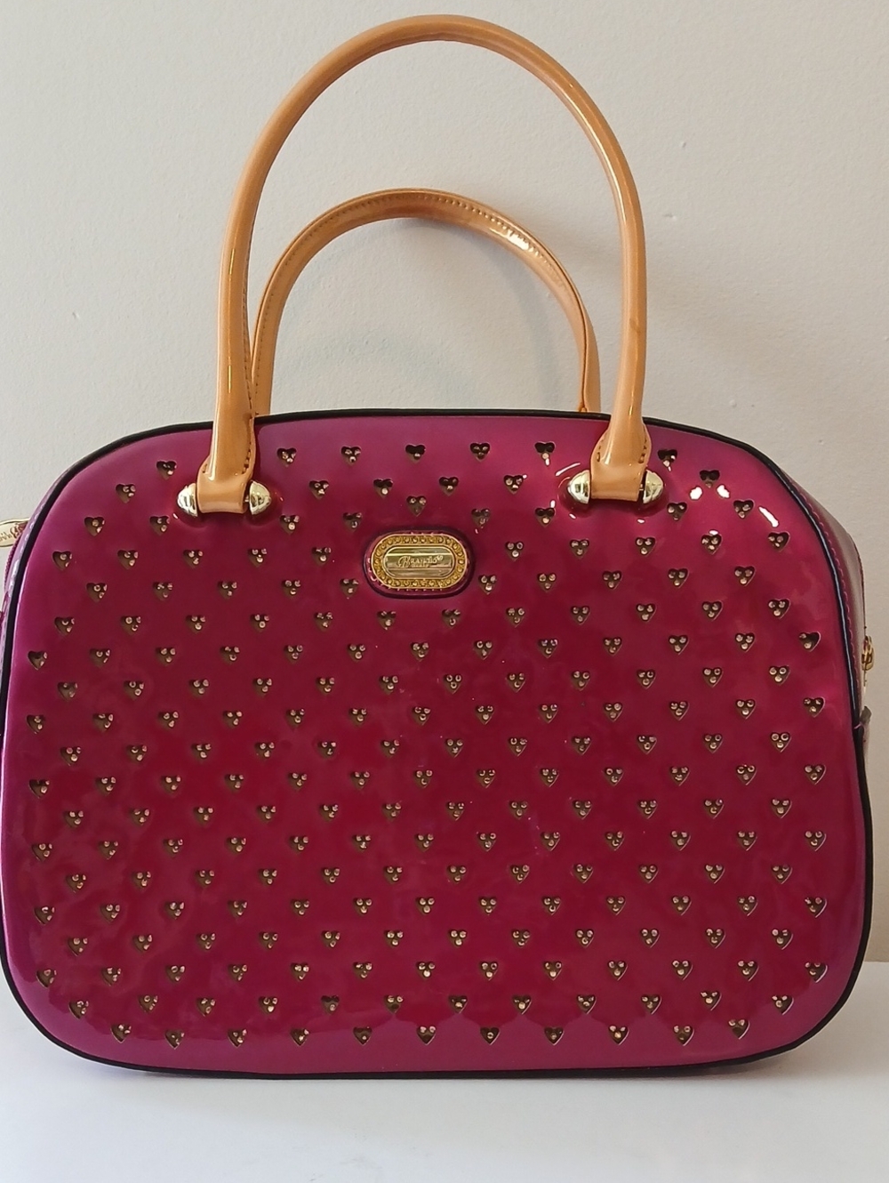 Brangio Italian Fuchsia Patent Tote with Tan Handles and Gold Accents